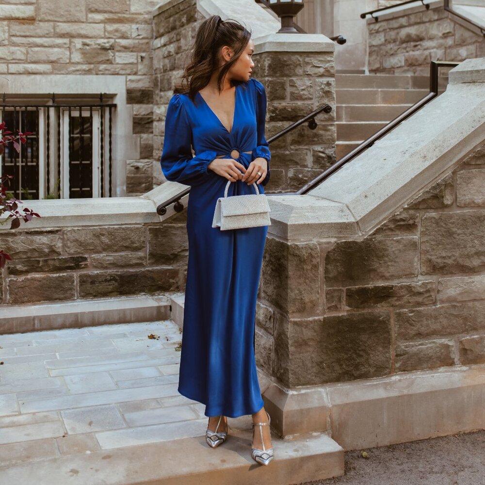 Ever New Royal Blue Satin Maxi Dress with Center Ring Detail - Picture 2 of 10